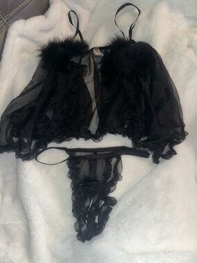 Sheer Black Marabou-Trim Babydoll & Thong Set - Unbranded